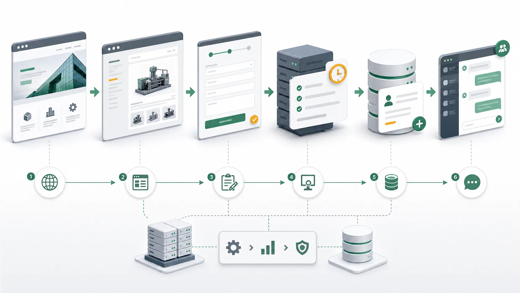 A business flow from public website visit to backend handling